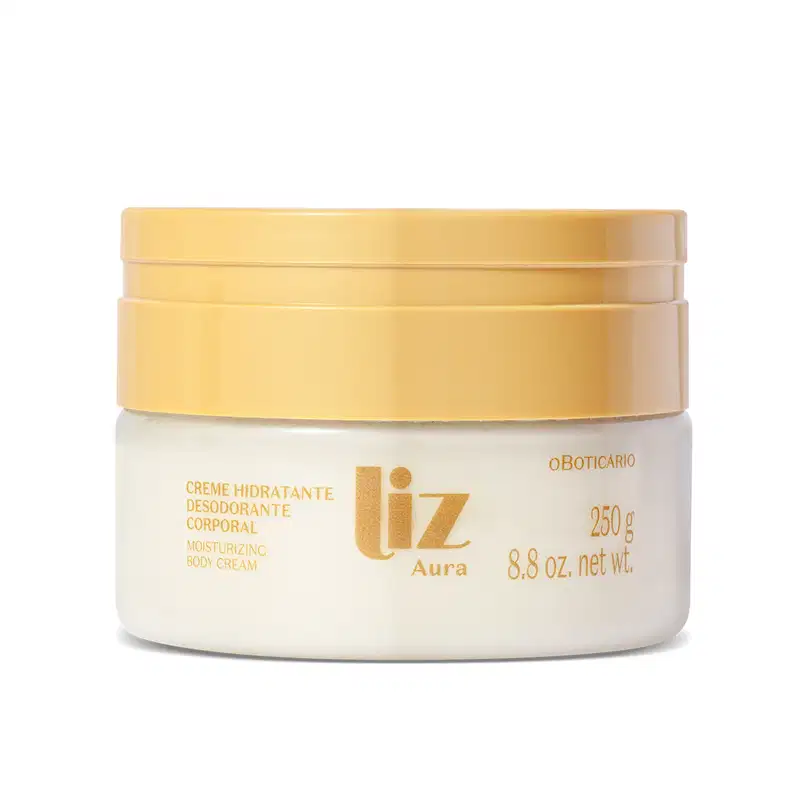 Pote transparente de creme hidratante corporal da marca Liz Aura, com creme branco, tampa dourada e rótulo em dourado, contendo 250g do produto.