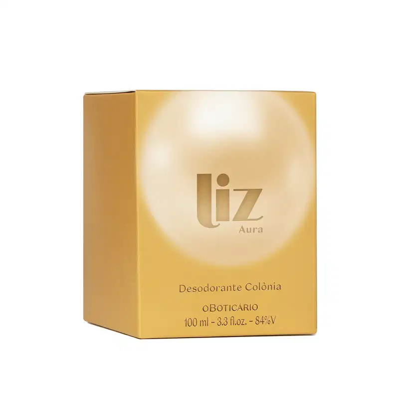 Caixa dourada com logotipo "Liz Aura" e detalhes em branco contendo desodorante colônia em embalagem de 100 ml.