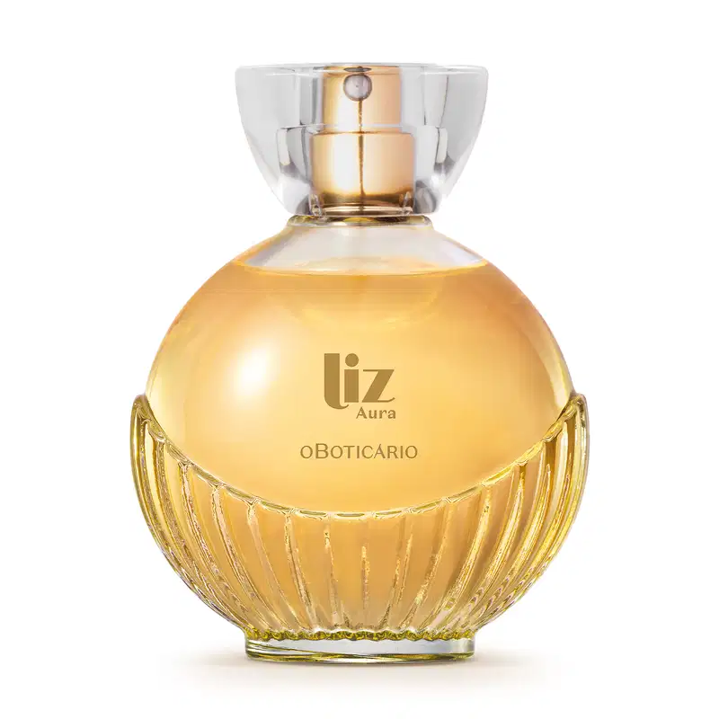 Frasco de vidro contendo 100ml de desodorante colônia da marca Liz Aura, com formato arredondado e detalhes em dourado, contendo líquido âmbar em seu interior.