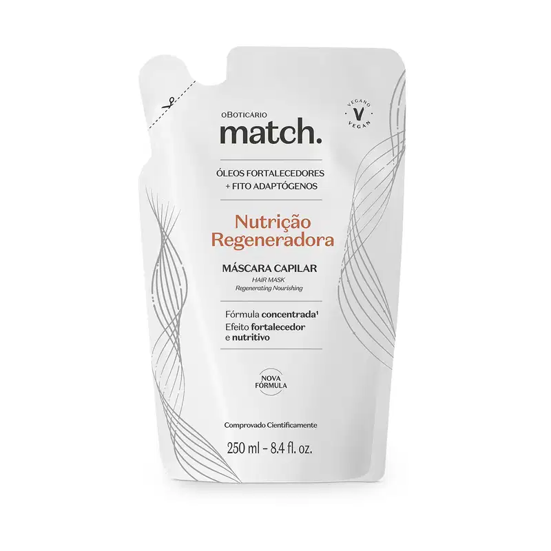 Imagem de um refil de máscara capilar da marca Match. Nutrição Regeneradora, em formato de sachê branco com detalhes em preto, contendo informações sobre nutrição regeneradora e fórmula concentrada para fortalecimento e nutrição dos cabelos.