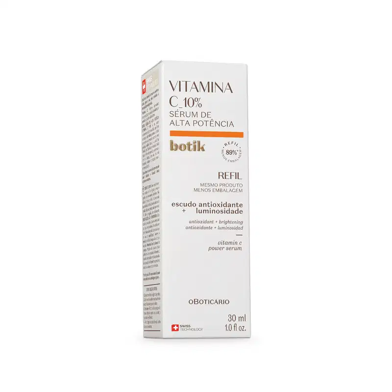 Imagem de uma caixa branca com letras marrom e detalhes em laranja que contém o refil de sérum de alta potência Botik Vitamina C.