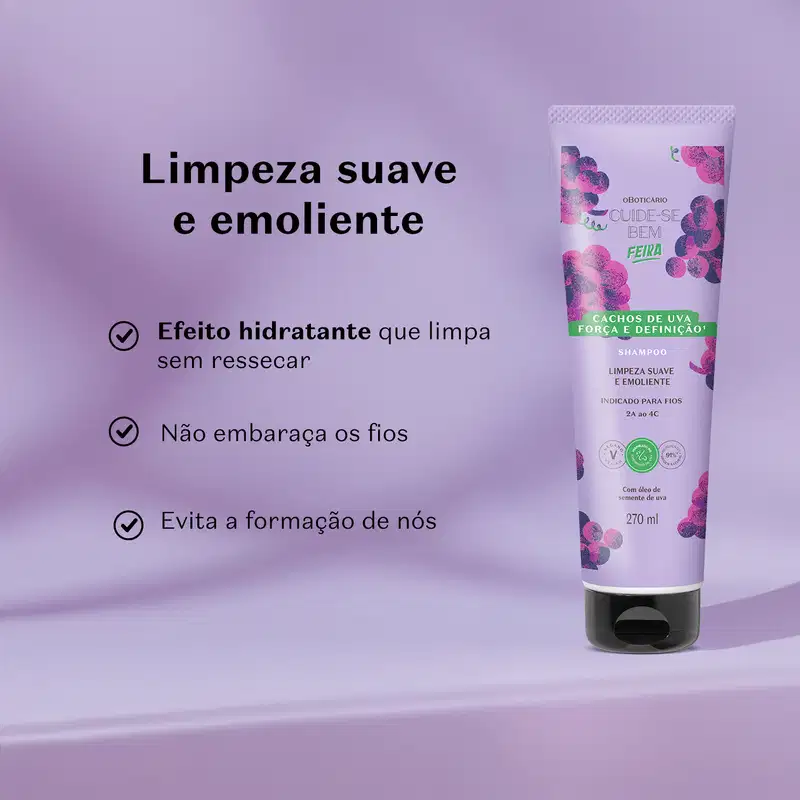 Imagem de um tubo de shampoo da marca Cuide-se bem Feira Cachos de Uva com imagem de cachos de uva em fundo roxo, indicando limpeza suave e emoliente para cabelos.