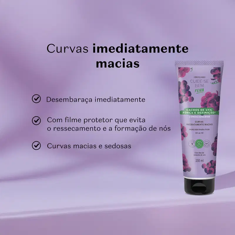 Embalagem de condicionador Cuide-se Bem Cachos de Uva em fundo roxo, com texto sobre suas propriedades e benefícios, como desembaraço imediato, filme protetor e curvas macias.
