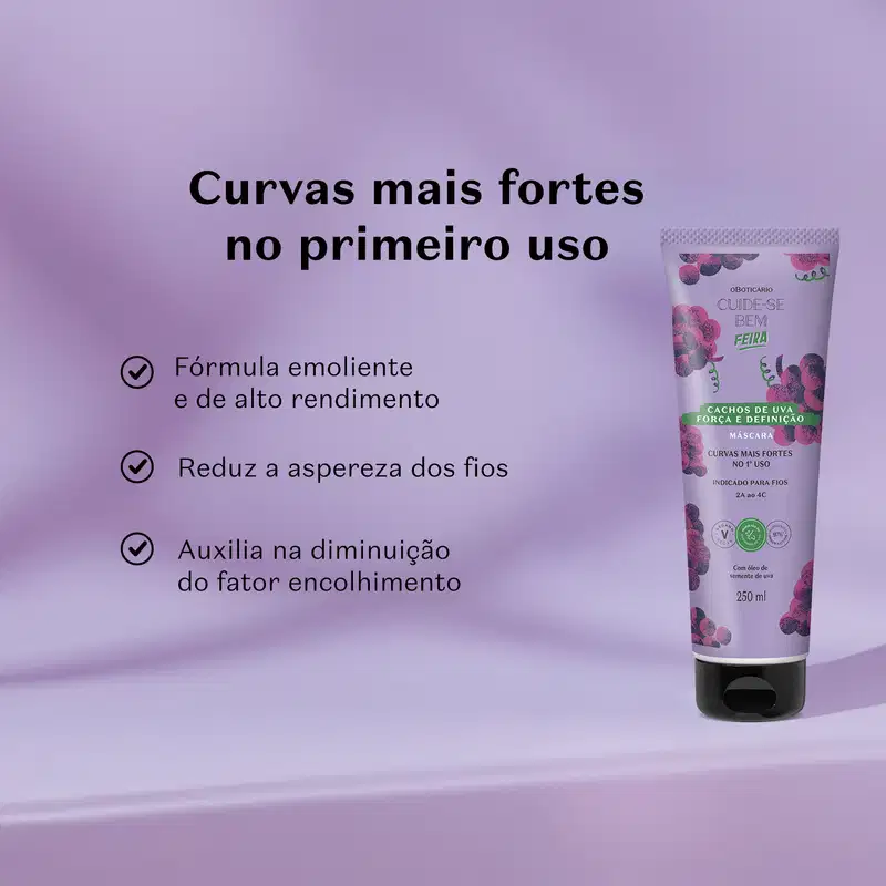 Embalagem de máscara para cabelos da marca Cuide-se bem Feira Cachos de Uva em fundo roxo, com texto sobre benefícios do produto em letras pretas.