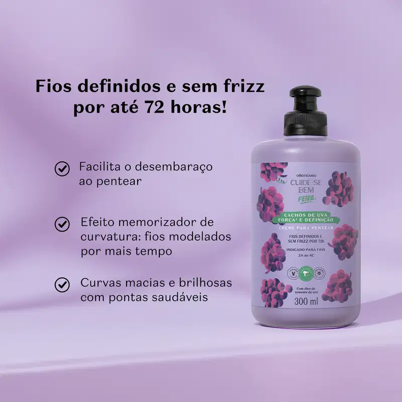 Embalagem de creme para pentear com rótulo da marca Cuide-se bem Cachos de Uva em fundo roxo, com informações sobre definição e controle de frizz por até 72 horas, e ilustrações de cachos de uva.