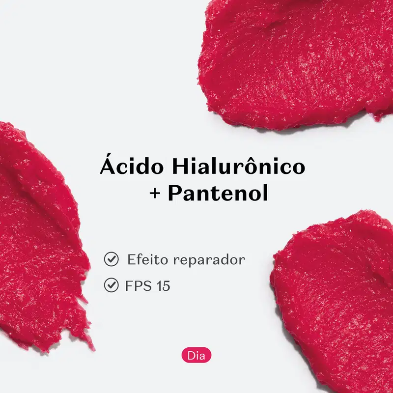 Manchas de balm labial rosa da marca Make B. Lip Chronology Color Repair em fundo branco com letras pretas informando os benefícios do produto.