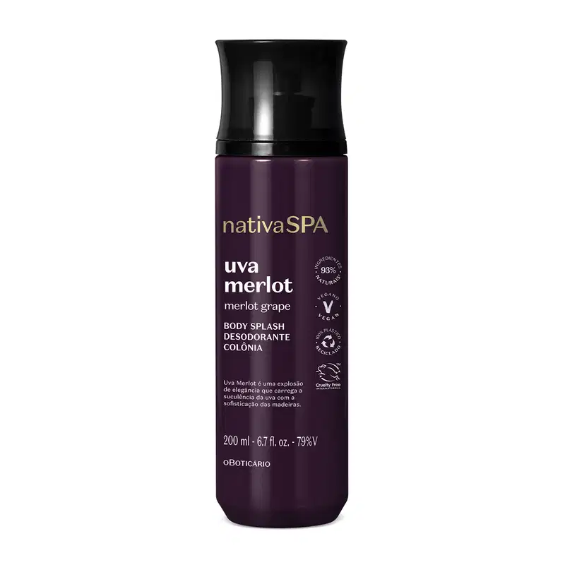 Frasco roxo escuro de body splash da marca Nativa SPA Uva Merlot , com rótulo de letras brancas e douradas contendo 200ml de produto.