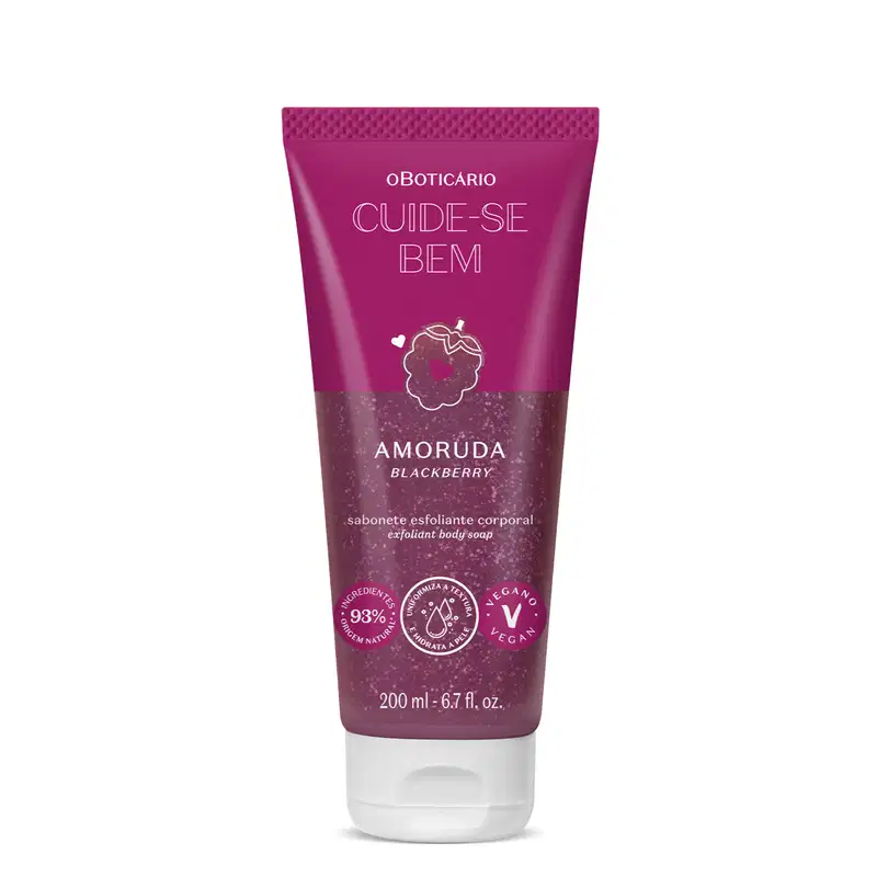 Frasco roxo com ilustração de amora e tampa roxa contendo 200ml de loção hidratante corporal da marca Cuide-se Bem Amoruda.