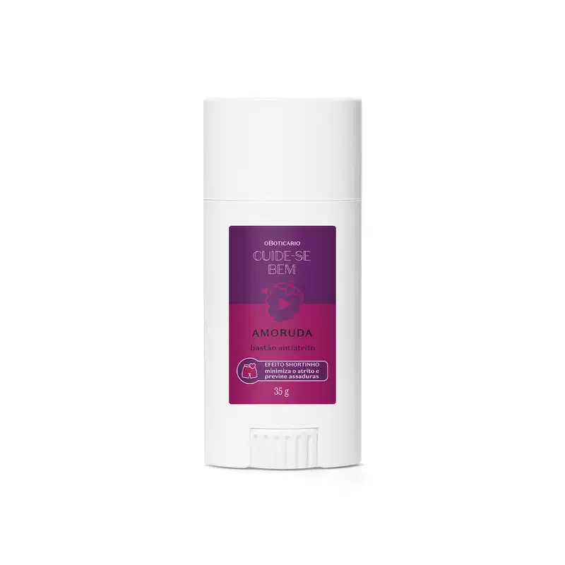 Embalagem branca do bastão anti atrito da marca Cuide-se Bem Amoruda, com rótulo roxo contendo o nome da marca e amoras ilustradas. O frasco contém 35g do produto.