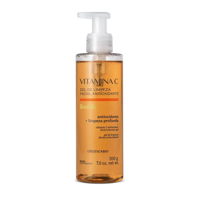 Imagem do frasco de gel de limpeza facial antioxidante da marca Botik Vitamina C, com bomba doseadora branca. A embalagem é transparente e o produto é laranja. O rótulo tem detalhes em laranja e letras pretas.