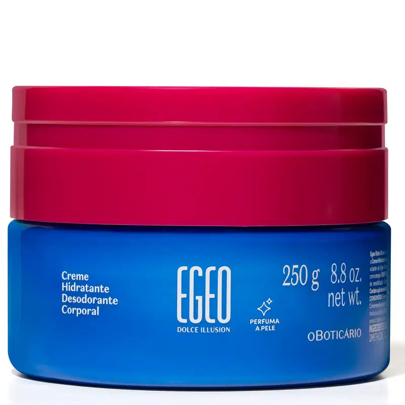 Imagem de recipiente azul com tampa rosa contendo 250g de creme hidratante desodorante corporal da marca Egeo Dolce Illusion. O rótulo apresenta o nome da marca e informações sobre o produto.