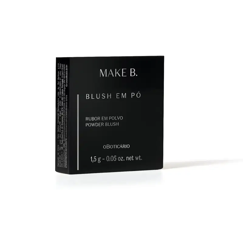 Caixa de papelão preta de item de maquiagem da marca Make B., com texto "Blush em pó" em branco, informando que o conteúdo pesa 1,5 g - 0,05 oz.