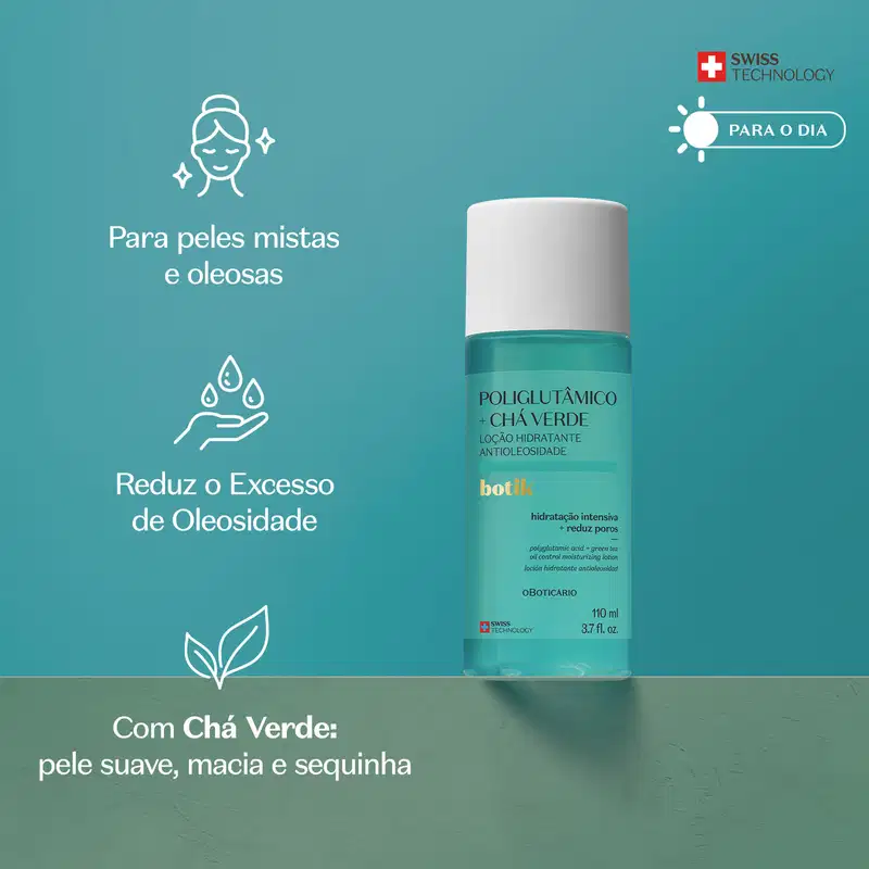 Embalagem da Loção Hidratante em fundo azul turquesa posicionada a direita e textos com benefícios posicionados do lado esquerdo, dizendo "Para peles mistas e oleosas", "Reduz o excesso de oleosidade" e "Com chá verde: pele suave, macia e sequinha".