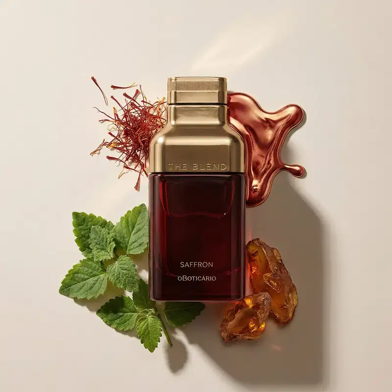 Ambiente de luxo e sofisticação com o frasco dourado da marca The Blend, contendo a fragrância Saffron, rodeado por ingredientes naturais como açafrão, folhas verdes e âmbar, em um cenário elegante e minimalista.