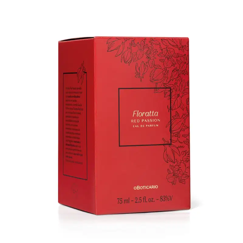 Caixa vermelha com ilustrações florais em preto, contendo item de perfumaria da marca Floratta Red Passion em destaque no centro da embalagem, gravada na cor dourada.