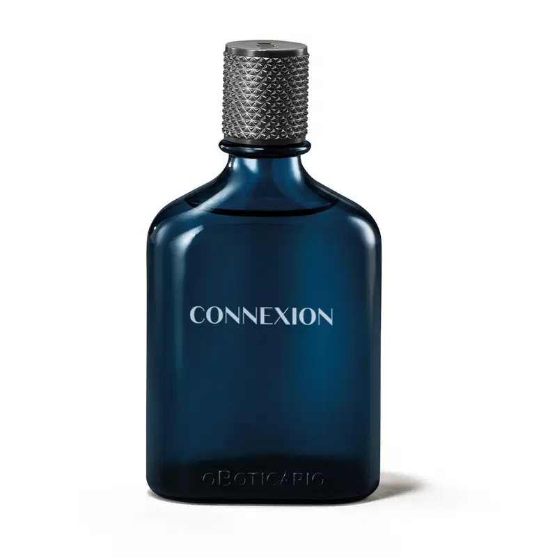 Imagem de vidro azul-marinho do desodorante colônia Boticollecion Connexion. A embalagem possui tampa preta e contém 100ml do produto. Seu design sugere uma fragrância sofisticada e luxuosa.