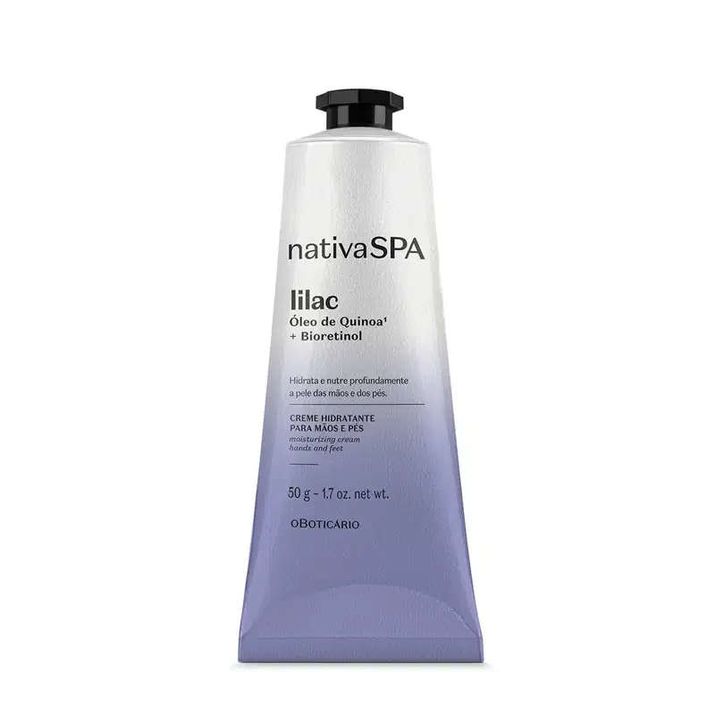 Imagem da bisnaga branca e lilás da marca Nativa SPA Lilac com tampa e rótulo pretos, contendo creme hidratante para mãos e pés com óleo de quinoa e bioretinol. A embalagem possui 50g.