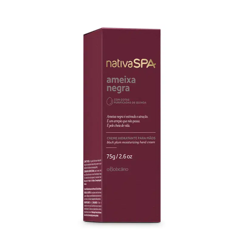 Caixa contendo creme hidratante para mãos feita em papelão na cor vinho com texto em branco com informações da marca Nativa SPA Ameixa Negra, ingredientes, beneficios do produto e volumetria de 75g.