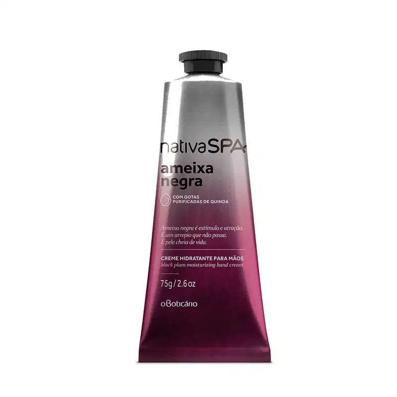 Frasco de creme hidratante para mãos da marca Nativa SPA da linha Ameixa Negra, com embalagem em degradê de roxo ao prateado, contendo texto e informações sobre ingredientes e benefícios.