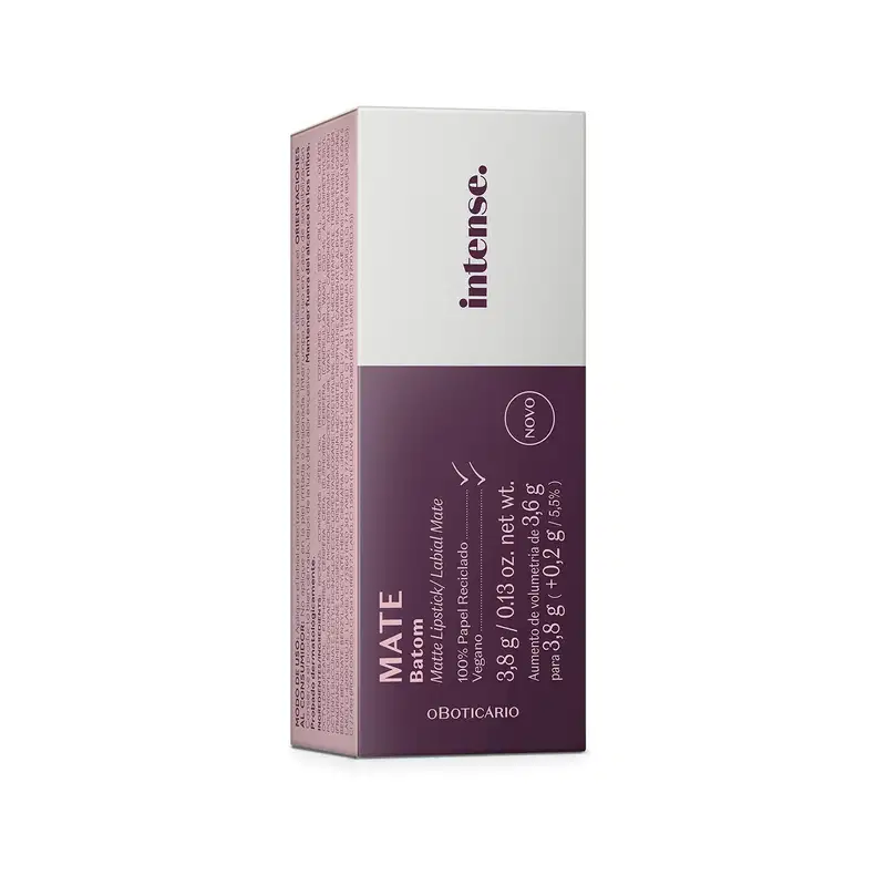 Imagem da caixa branca e roxa do batom cremoso da marca Intense, contendo informações sobre o produto no rótulo.