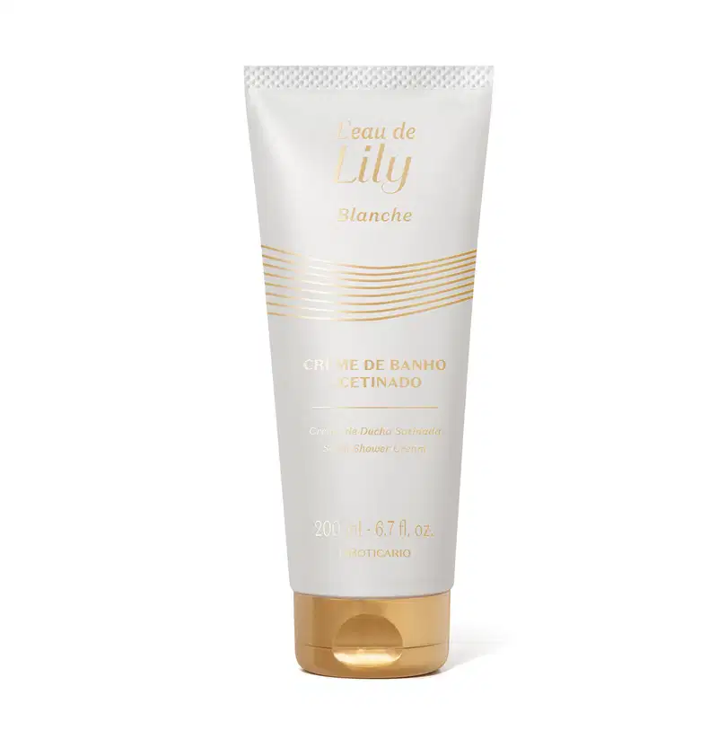 Imagem de um frasco branco com tampa e rótulo dourados da linha L'eau de Lily Blanche, contendo 200ml de creme de banho acetinado.