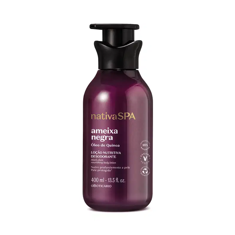 Frasco de loção corporal da marca Nativa SPA, com embalagem roxa e preta, rótulo com texto "ameixa negra" e "óleo de quinoa", apresentado em posição frontal.