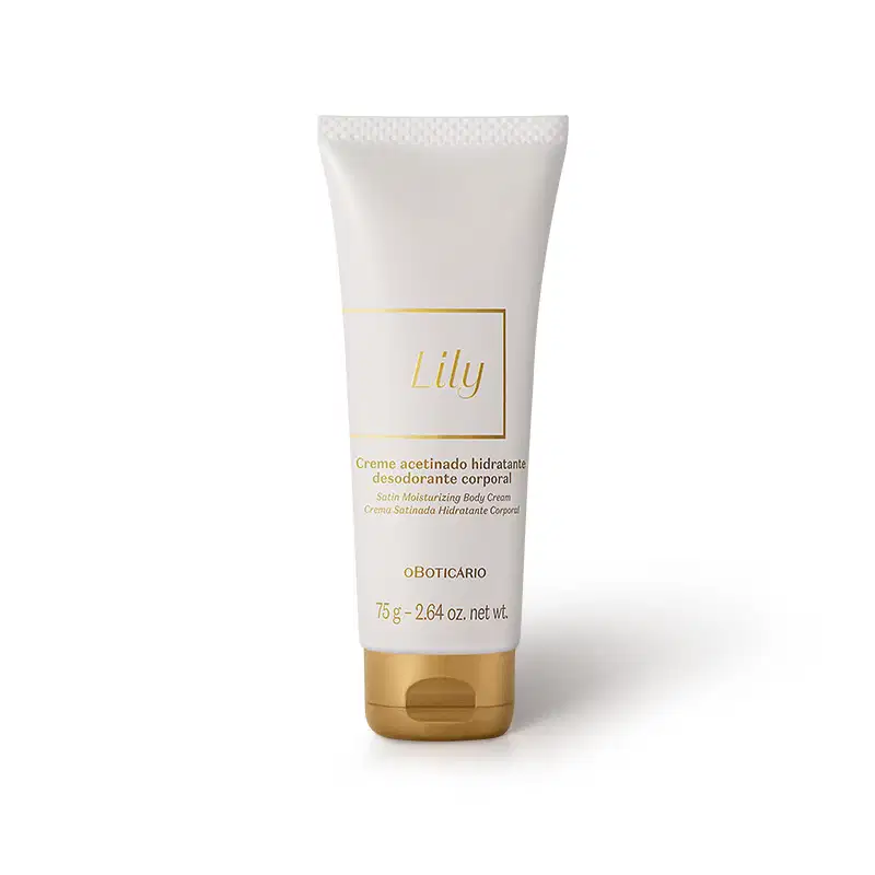 Imagem de um frasco do creme hidratante corporal da marca Lily em embalagem branca com detalhes dourados, contendo texto com nome da marca e informações sobre o produto.