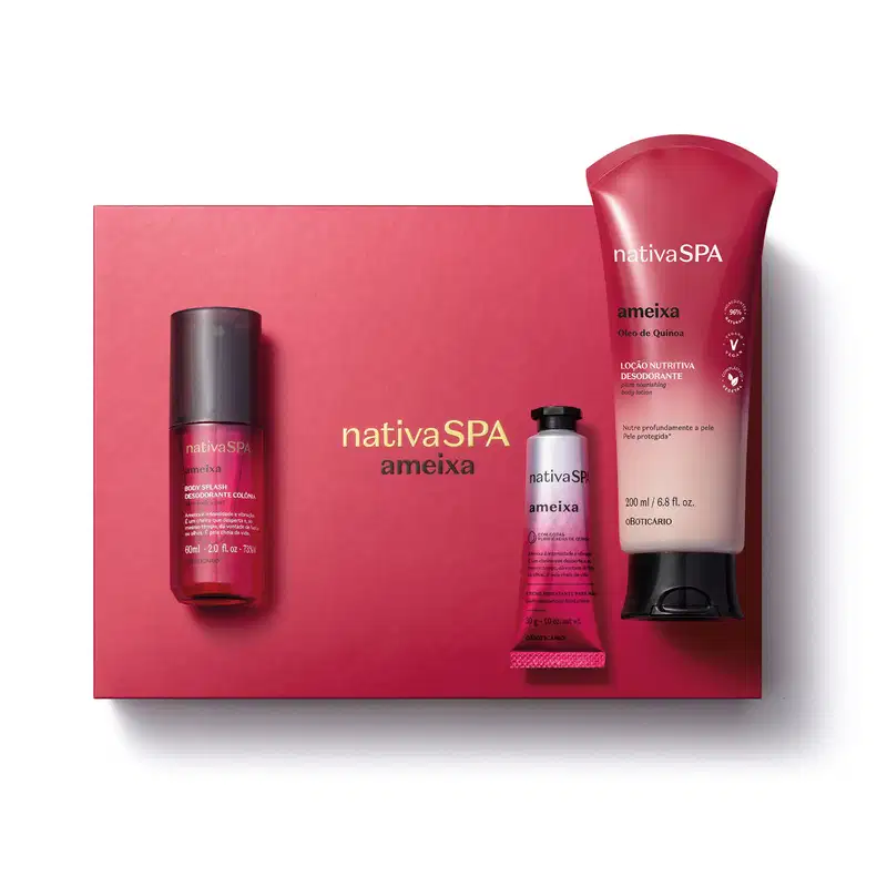 Imagem de produtos da marca Nativa SPA Ameixa, incluindo loção hidratante, body splash, creme para as mãos e caixa rosa, todos com predominância das cores rosa vibrante, branco e prata, com textos e logotipos visíveis.
