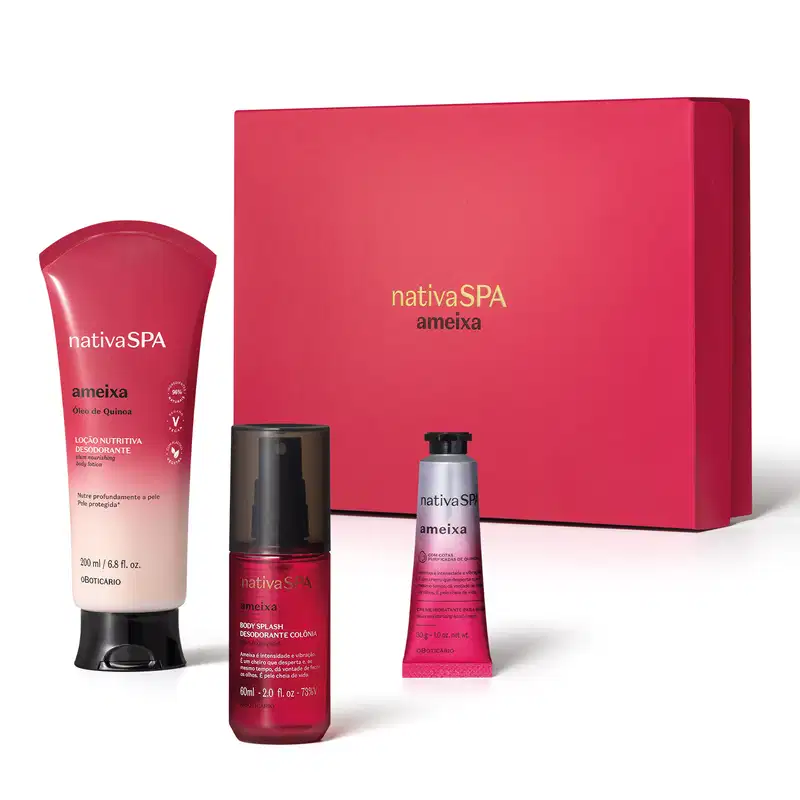 Imagem de produtos da marca Nativa SPA Ameixa, incluindo loção hidratante, body splash, creme para as mãos e caixa rosa, todos com predominância das cores rosa vibrante, branco e prata, com textos e logotipos visíveis.