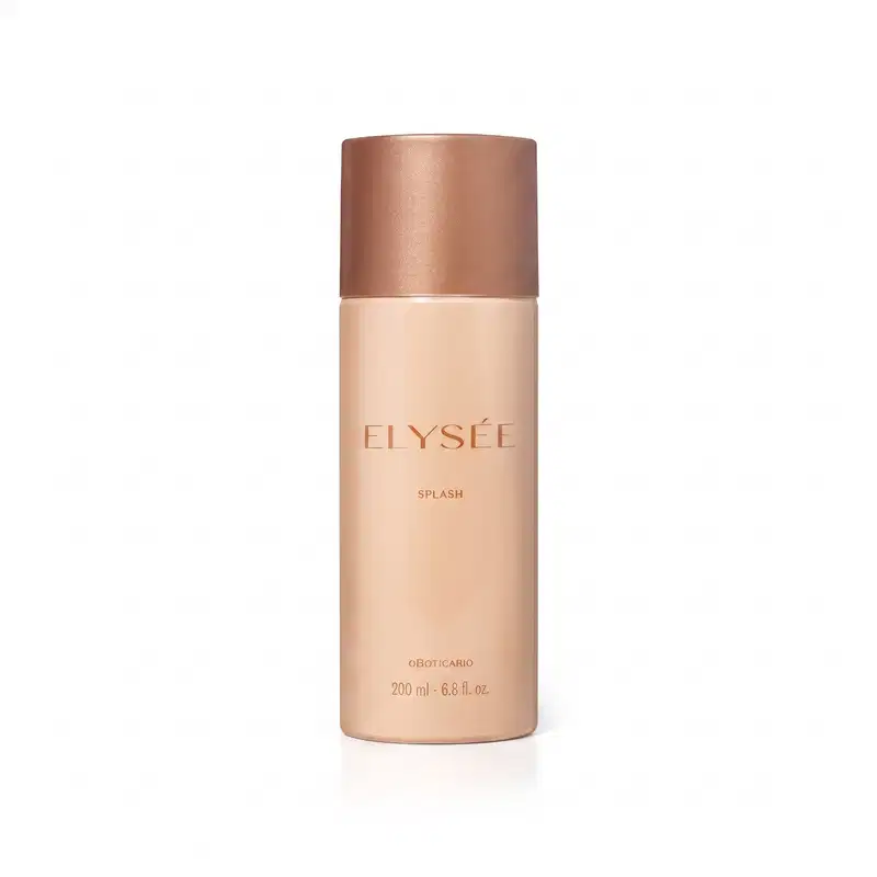 Frasco de item de perfumaria da marca Elysèe, na cor rosa claro, com tampa na cor rosé gold, e texto escrito em tons dourados a no rótulo o nome da marca, a palavra "SPLASH" e a volumetria.