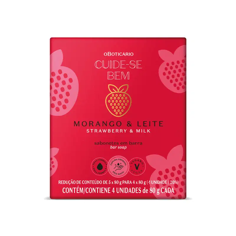 Imagem de uma caixa vermelha com ilustrações de morangos cor de rosa contendo quatro barras de sabonete de 80g cada da marca Cuide-se Bem Morango e Leite.