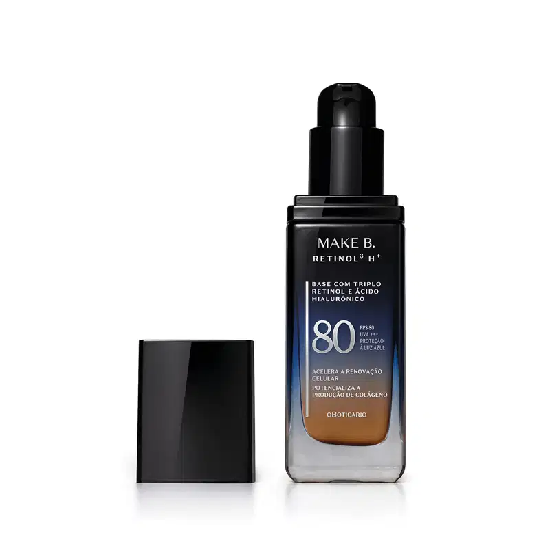 Frasco de vidro retangular aberto em degradê de preto para o azul base líquida da marca Make B.  Retinol 3 H+, na parte inferior se vê o tom marrom da base. O rótulo contém texto escrito em branco, com destaque para o FPS 80. Tampa preta ao lado do frasco