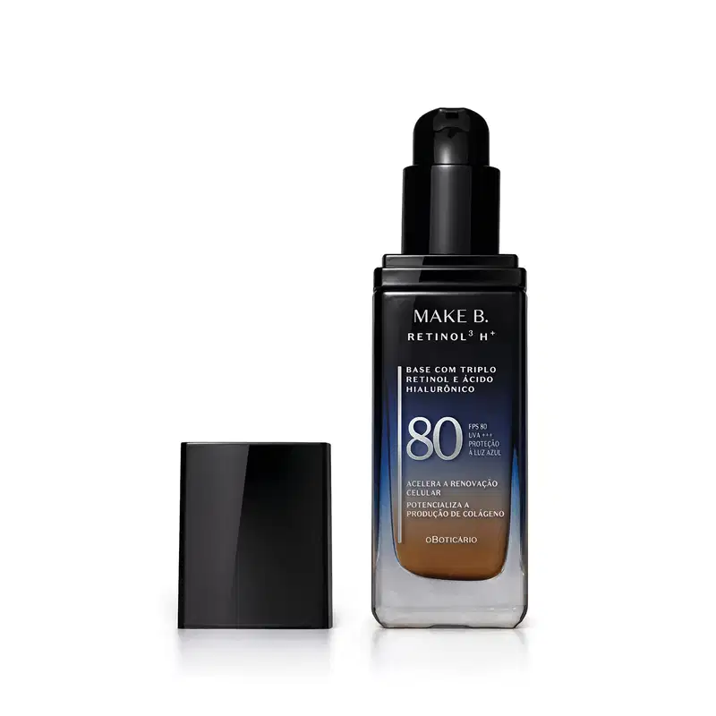 Frasco de vidro retangular aberto em degradê de preto para o azul base líquida da marca Make B.  Retinol 3 H+, na parte inferior se vê o tom marrom da base. O rótulo contém texto escrito em branco, com destaque para o FPS 80. Tampa preta ao lado do frasco