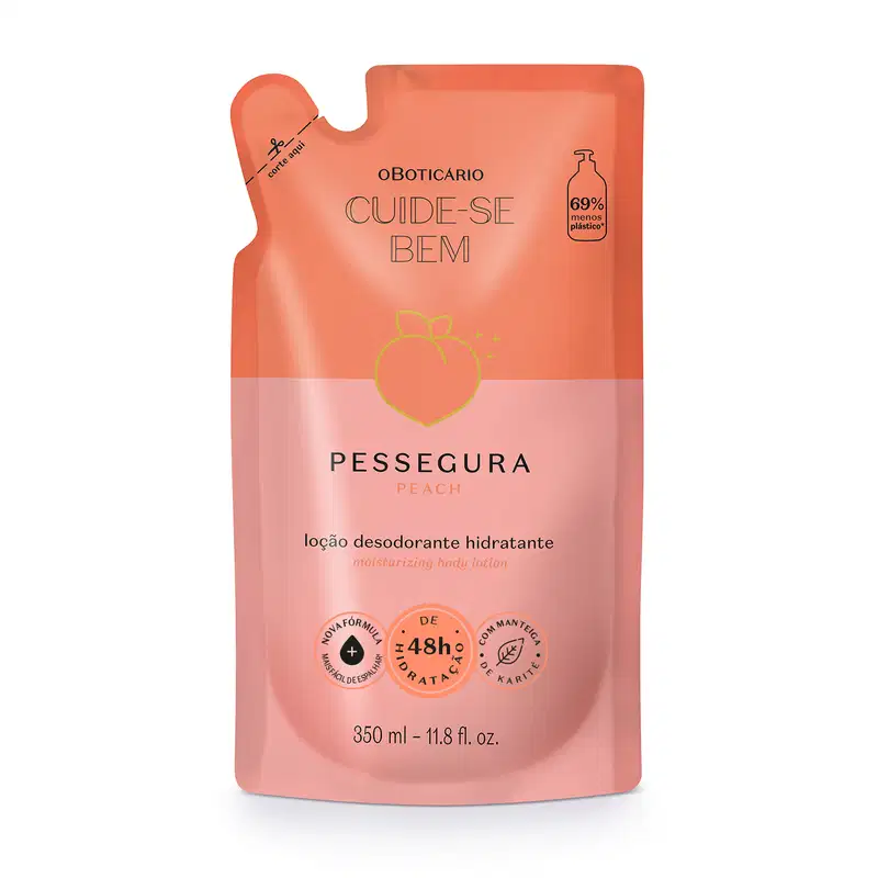 Embalagem plástica laranja em formato de bolsa com rótulo "Cuide-se Bem" e imagem de pêssego. Produto é uma loção desodorante hidratante da marca Pessegura com 350 ml de volume.