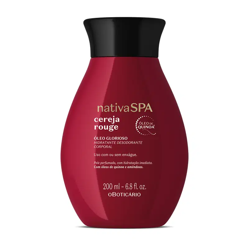 Imagem de um frasco de óleo glorioso hidratante corporal da marca Nativa SPA, na cor vermelho-escuro, com rótulo em letras brancas exibindo o nome "Cereja Rouge" e informações sobre o produto.