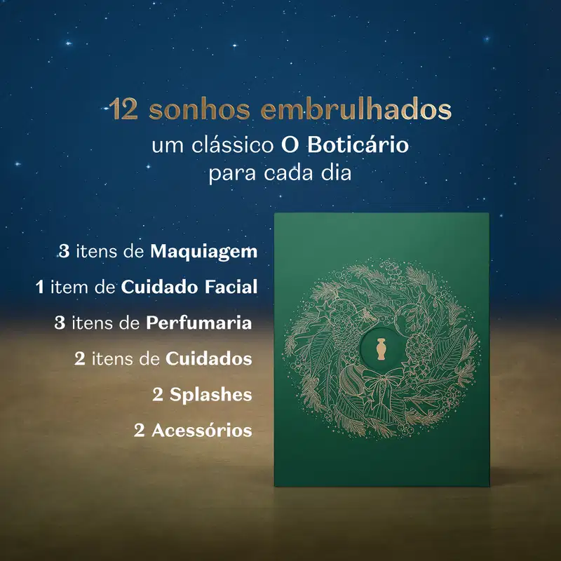 Imagem de uma caixa verde com detalhes dourados sobre fundo azul e dourado e informações "12 sonhos embrulhados, um clássico O Boticário para cada dia" mostrando a quantidade de itens de cada categoria que fazem parte do calendário.