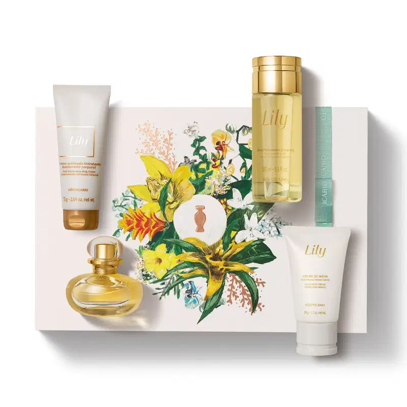 Imagem do kit de presente Lily. incluindo uma bisnaga de creme hidratante para as mãos e outra de loção desodorante corporal, um frasco de óleo perfumado corporal, o icônico eau de parfum com sua embalagem toda dourada e uma caixa com ilustrações florais.