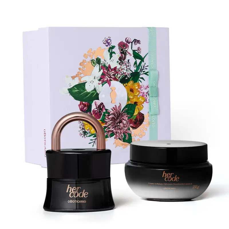 Imagem do kit de presente Her Code, contendo o icônico vidro preto do desodorante colônia em formato de cadeado e detalhe dourado, pote de creme  hidratante corporal em embalagem preta e branca e caixa com ilustrações florais.