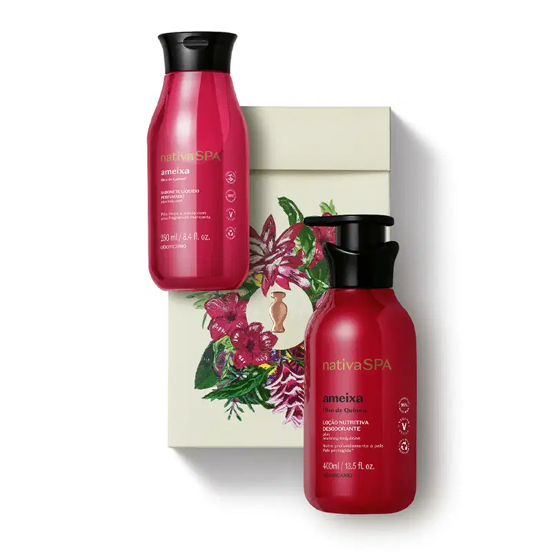 Imagem de kit de presente Nativa SPA Ameixa contendo  um frasco de sabonete líquido, outro de loção desodorante corporal e uma caixa branca com ilustração floral. As embalagens são vermelhas com tampas pretas e rótulo branco e dourado.
