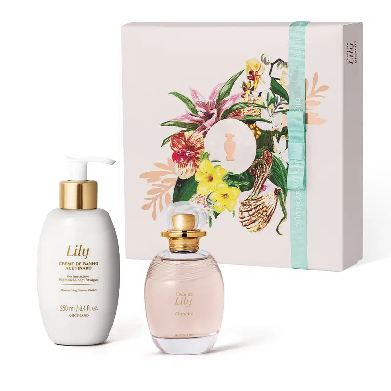 Imagem de uma caixa branca de presentes decorada com estampa floral, um vidro branco com bomba dosadora branca e dourada contendo creme de banho acetinado da marca Lily e o luxuoso desodorante colônia da mesma marca, em vidro transparente e tampa dourada.