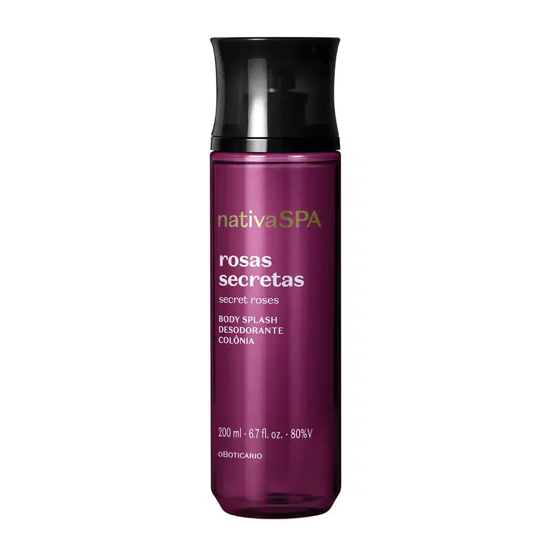 Imagem de um frasco de body splash corporal da marca Nativa SPA, com rótulo em tom de roxo e texto "Rosas Secretas" em destaque. O produto é apresentado em embalagem roxa com tampa preta e letras brancas.