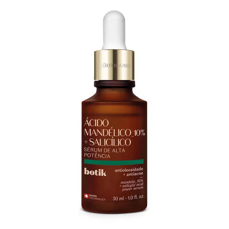 Imagem de um frasco de vidro marrom com conta-gotas e rótulo dourado da marca Botik, contendo sérum de alta potência com ácido mandélico 10% e ácido salicílico, para tratamento antienvelhecimento e antiacne.