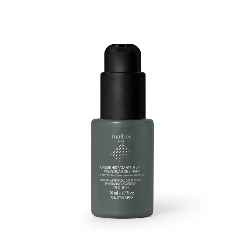 Frasco preto de creme hidratante facial da marca Malbec, com rótulo cinza e texto em branco indicando "Creme Hidratante 9 em 1 - Prevenção de Sinais" e informações sobre FPS 30.