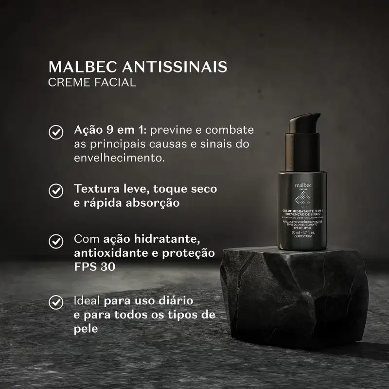 Embalagem preta de creme facial da marca Malbec, com texto "Malbec Antissínais Creme Facial" e informações sobre ação 9 em 1, textura leve, absorção rápida, ação hidratante, antioxidante e FPS 30, indicado para uso diário em todos os tipos de pele.