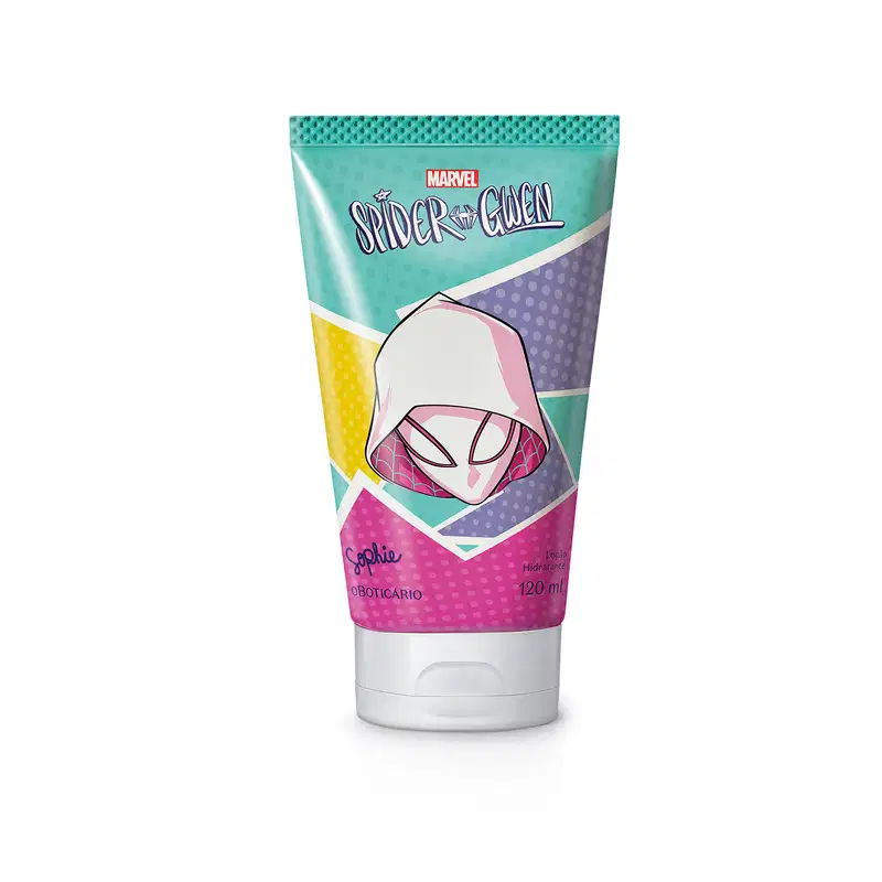 Imagem de uma embalagem de loção hidratante corporal da marca Sophie Spider-Gwen, em formato de bisnaga com cores predominantes de verde, roxo e amarelo, com ilustração da personagem e texto legível no rótulo. O produto contém 120ml.