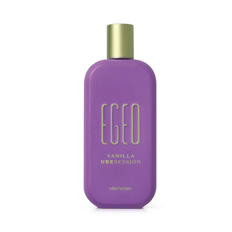 Frasco de item de perfumaria da marca Egeo na cor roxa com rótulo em verde claro exibindo o texto "Vanilla Ubession".