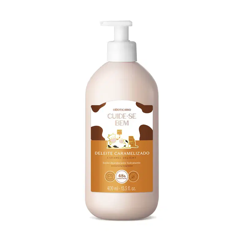 A imagem mostra um frasco branco de loção hidratante da marca Cuide-se Bem Deleite Caramelizado, com rótulo branco e detalhes em tons de marrom. Há estampa de vaca e apresenta as informações do produto em letras brancas e pretas.