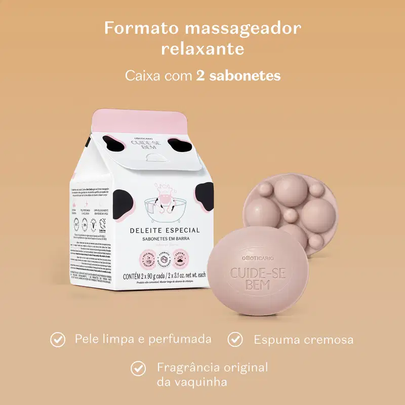 A imagem mostra a caixa e os sabonetes em barra da linha Cuide-se Bem Deleite, trazendo informações como "Formato massageador relaxante", "Caixa com dois sabonetes", "`Pele limpa e perfumada", "Espuma cremosa" e "Fragrância original da vaquinha"