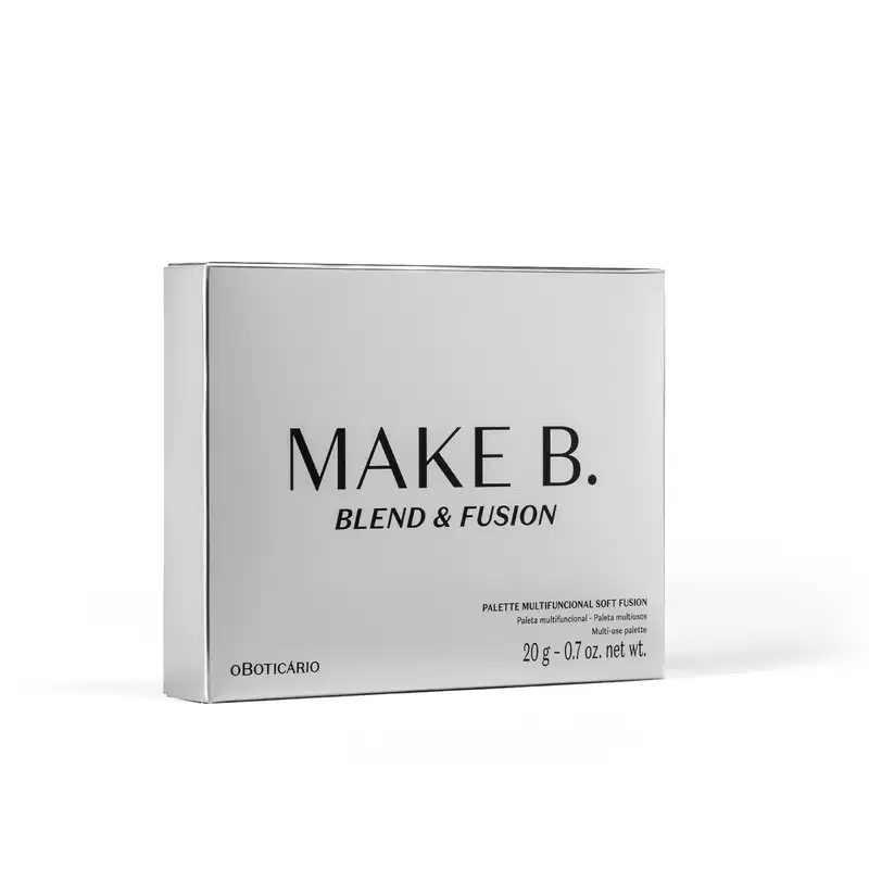 A imagem mostra uma caixa cinza-claro com texto "MAKE B. BLEND & FUSION" em preto, Um pouco abaixo, as informações sobre produto estão em letras menores e também pretas.