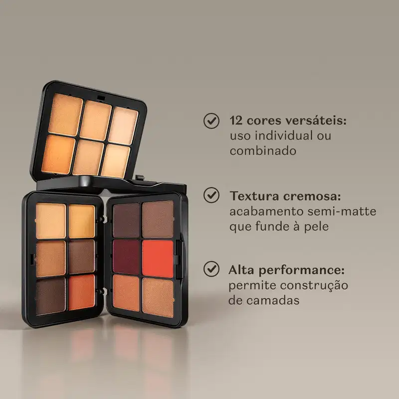 A imagem mostra três paletas de maquiagem Make B.. com diferentes tonalidades sobre superfície cinza. Apresenta os textos: "12 cores versáteis", "Textura cremosa com acabamento semi-matte" e "Alta performance: permite construção de camadas".